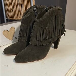 Fringed Suede Ankle Boots - Olive Green